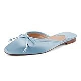 QIV Blue Mule for Women Satin Square Toe Bow Flats Closed Toe Slip on Backless Loafers Size 9