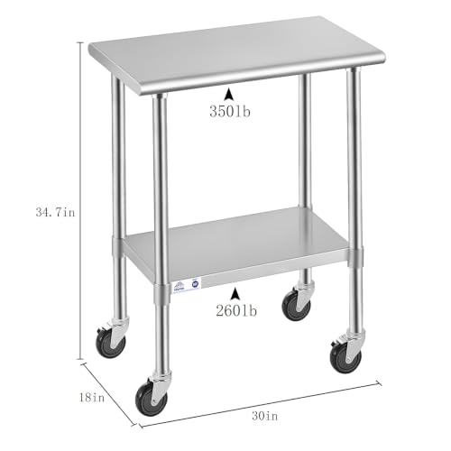 Image of ROCKPOINT Stainless Steel Table for Prep & Work with Caster Wheels 18x30 Inches, NSF Metal Commercial Kitchen Heavy Duty Table with Adjustable Under Shelf and Table Foot for Restaurant, Home and Hotel