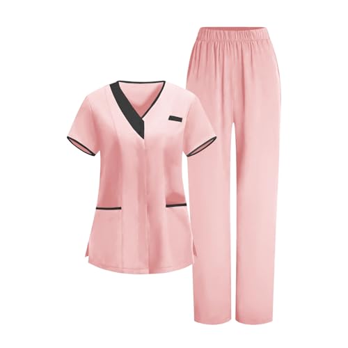 Image of 2026 Scrub for Cleaning Jobs Uniform, Multi Pockets Scrubs for Women Sets, V-Neck Top & Straight Leg Pants Scrubs Set