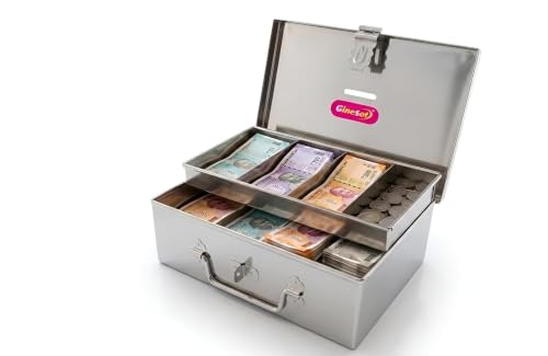 Image of Stainless Steel Cash Box with Removable Tray, 4 Compartments, Secure Key Lock, Portable Money Storage Organizer for Home, Office, Shop Counter & Cash Handling