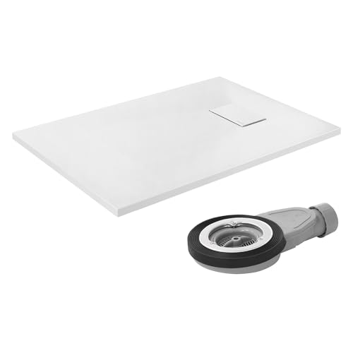 LuxeBath Plato de Ducha 100x70cm Blanco, con Juego de Desagüe Base Rectangular con Superficie Antideslizante y Antibacteriano en Aspecto Pizarra Altura 30mm SMC Extraplano y Robusto, Fácil Instalación