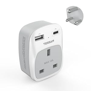 UK to India Plug Adapter, TESSAN Grounded Type D Travel Adapter with 2 USB Ports (1 USB C), India Travel Adapter for UK to Sri Lanka, Pakistan, Burma, Maldives, Iraq, Namibia, Nepal, Yemen, Zambia