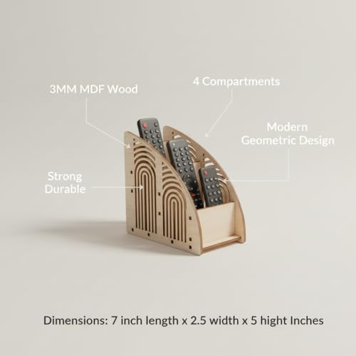 Image of Wooden Remote Control Holder with 2 Compartments - MDF Desk Organizer for TV Remotes, Mobile, Accessories Modern Geometric Design Storage Stand (7 x 2.5 x 5 Inches)