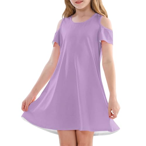 Girls Summer Dress Short Sleeve Cold Shoulder Solid Color Swing Casual Dresses, Ages 4-14