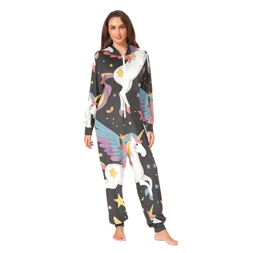 RPLIFE Lindo pijama de unicornio de dibujos animados para adultos, mono de forro polar de cristal suave para hombres y mujeres, Lindo unicornio de dibujos animados negro, X-Small