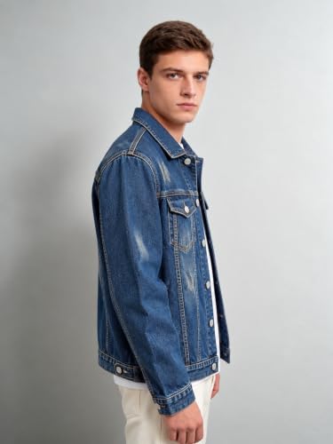 Image of Men's Indigo Blue Denim Jacket | Distressed Trucker Style | Regular Fit Casual Denim Jacket for Men | Premium Quality | Perfect for Casual & Outdoor Wear