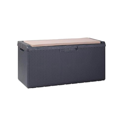 Avilia Cassapanca Portaoggetti con Seduta e Cuscino Sfoderabile da Esterno - Baule con Ruote, Resistente alle Intemperie, in Polipropilene, 340L, 123x54x59cm, Antracite