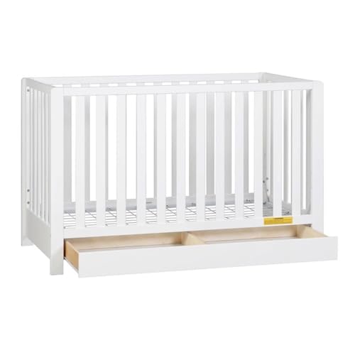 Image of Pemberly Row Contemporary 4-in-1 Convertible Crib with Drawer, Sustainable Pine Wood, White Finish, Adjustable Mattress Height, Modern Nursery Furniture, Converts to Toddler Bed, Daybed, Full-Size Bed