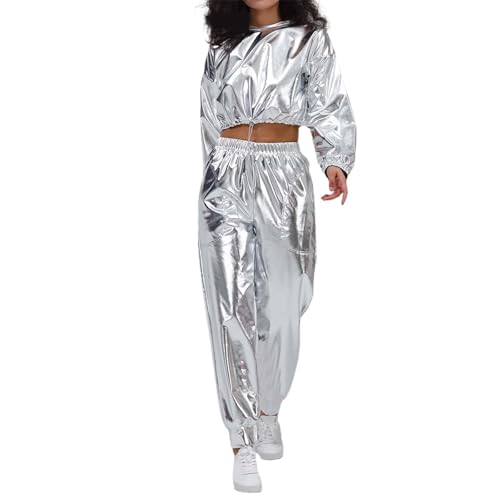 pxjsdwe faschingskostüm damen sexy, Alien Kostüm Damen Langarm Glitter Kapuzen Trainingsanzug Glänzend Metallic Crop Top Jogginghose 2-Teilig Alien...