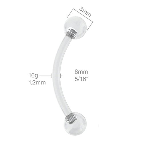 Evonix BQCRVBBCN8B-BALL 8Pc 16G Clear Curved Barbell Retainer Vertical Labret Lip Gauge Piercing Jewelry 8Mm 10Mm thumb #1