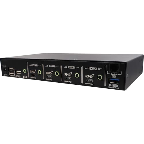 Rextron KM Switch for 4 Computers with Mouse Roaming, Hotkey Control, USB Synchronizer, USB 3.2 Gen 2 (4 Ports), Serial Control, Multi-Screen, No Software Required for Windows, Mac, Linux, USW-T334