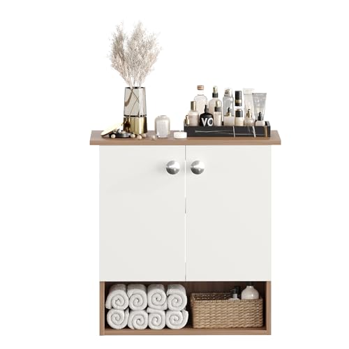 Image of FURNEASER Modern Engineered Wood Bathroom Storage Cabinet | Wall Mount Utility Organizer, Wash Area, Living Room & Bedroom | Space Saving Multipurpose Storage Unit (Exotic Teak & White)