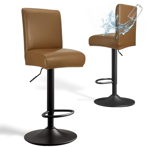Image of PU Leather Bar Stool Covers with Backs, 2 Pack Stretch Waterproof Bar Stool Chair Covers Washable & Comfortable Barstool Covers Slipcovers with Back for Pub /Counter /Dining Room (Light Coffee)