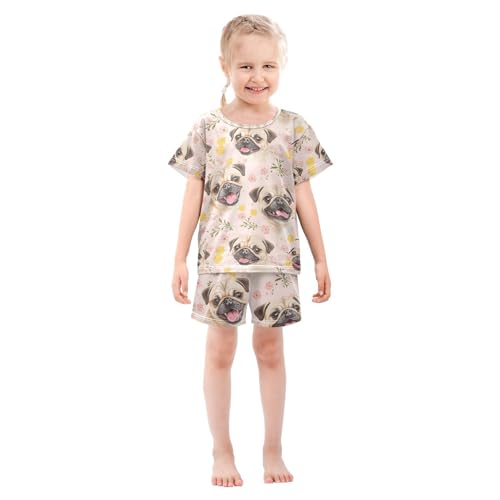 ALAZA Pug Dog Flower Cartoon Pajamas Set Short Sleeve Cotton Sleepwear Summer Pjs 2 Piece 5-14Y3