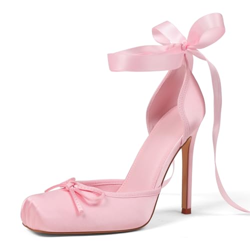 Celbreez Ballet Heels for Women Closed Square Toe Bow Ballerina Heels Lace Up Pink High Heel Slingback Womens Pumps Strappy Stiletto Elegant Party Mary Janes Shoes