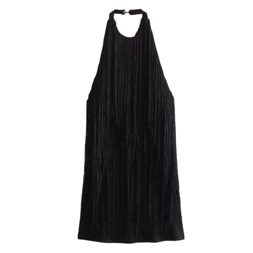 ThreeH Vestido Elegante de Verano para Mujer con Cuello Halter sin Mangas y Flecos. Vestido Corto y Fluido para un Estilo Chic Informal