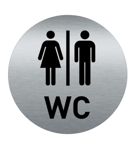 AUA SIGNALETIQUE - Plaque de porte Aluminium brossé imprimé AluSign Ø 85 mm - épaisseur. 3 mm - Double Face adhésif au dos (Toilettes - WC)