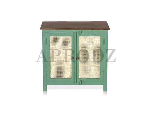 Image of APRODZ 2 Door Cabinet with Wicker Front 2 Shelves | Mango Wood Storage Organizer | Rustic Durable Stylish Wooden Furniture | Compact Design Home Decor (Premium Olive Green)