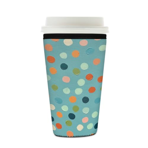 Myfsucce Funda reutilizable de neopreno para taza de café, con estampado de lunares texturizados de color verde azulado, 2 mm de grosor, tamaño de 16 a 18 onzas
