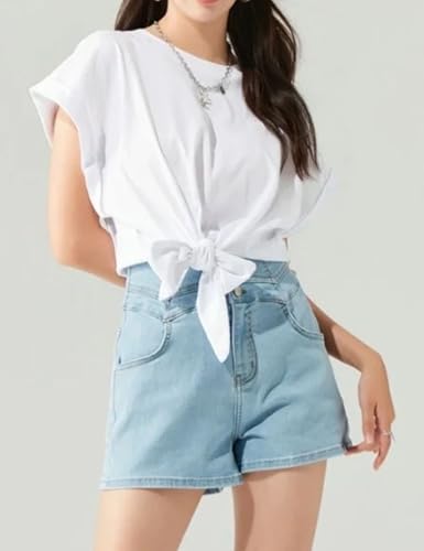 Womens Solid Ruched Tie Front T Shirt Summer Basic Tee Shirts Cap Sleeve Crop Tops Outfits3