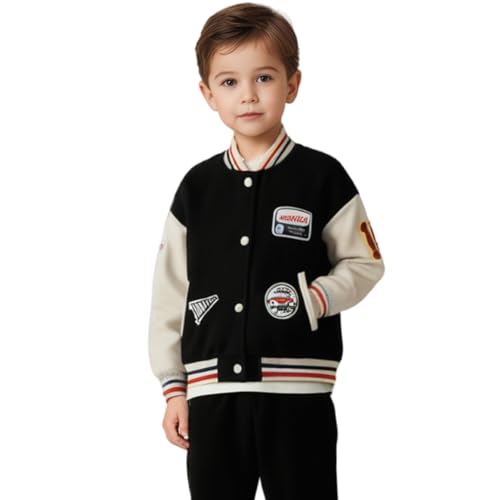 Kids Boys Girls Varsity Bomber Jacket, Toddler Letterman Lightweight Coat, Leather Sleeve Vintage Outerwear 2-7T