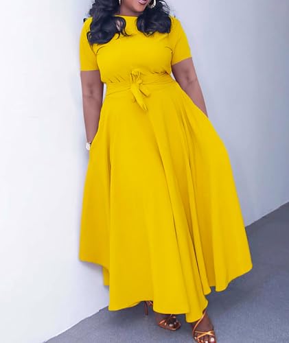 Image of SOMTHRON Women's Casual 3 /4 Sleeve Long Maxi Dress A-Line Flared Solid Wrap Tie Waist Swing Dresses