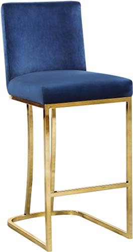 Meridian Furniture Heidi Collection Modern | Contemporary Velvet Upholstered Counter Stool with Polished Gold Metal Legs, 16" W x 19.5" D x 36.5" H, Navy