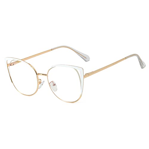 kachawoo Lunettes œil de chat pour femmes, lunettes anti-bleues, cadre en métal, lunettes de prescription, lunettes pour bureau, dames, Cadre blanc doré, Large Cover