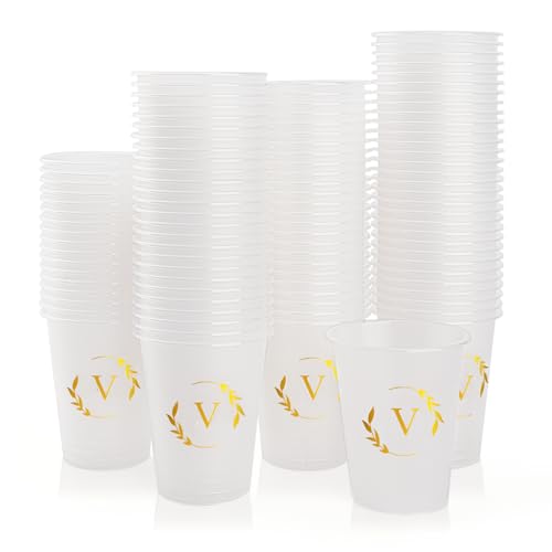 Lingringdcy 100 Monogrammed Cups Disposable Initial Plastic Cup 12 oz Wedding Personalized Cup for Wedding Reception Baby Shower Birthday Party(Letter V)
