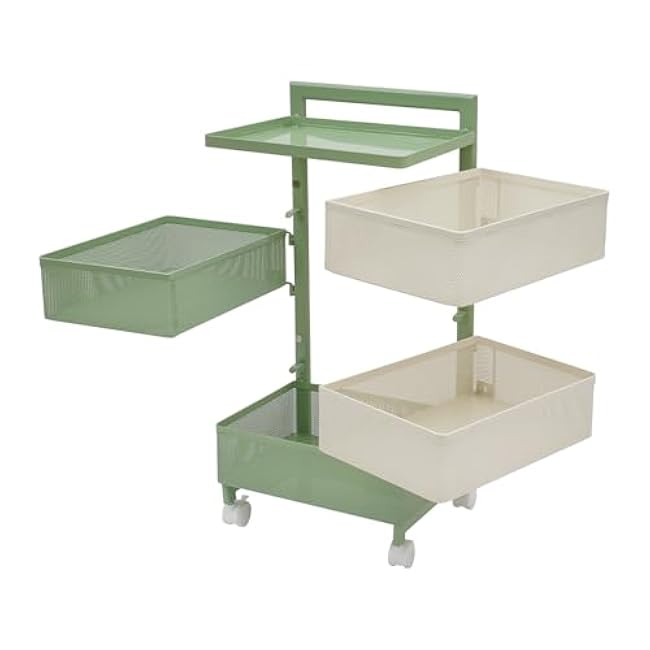 4 Tier Rotating Kitchen Storage Rack Cart with Wire Basket, Carbon Steel Fruit and Vegetable Baskets Bowls for Kitchen with Wheels & Top Lid, Rolling Storage Cart for Cans Snacks (Green)-FY7vWAWE