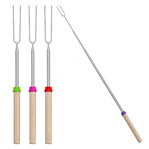 4 Pack Marshmallow Toasting Forks, Extendable Stainless Steel & Wooden Handle - Retractable Smores Sticks for Garden Bonfire, Camping & BBQ, Hot Dog Roasting Sticks Kit