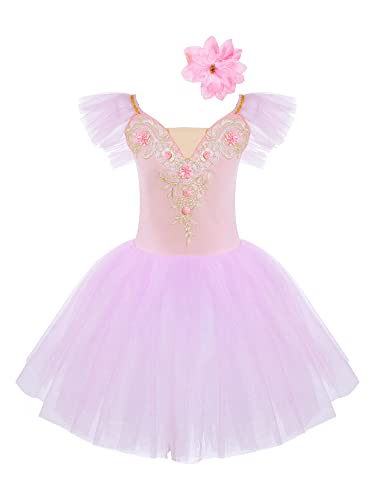 TiaoBug Mädchen Ballettkleidung 3tlg.Set Ballettkleid+Handschuhe+Haarband Kinder Ballettanzug Ballett Trikot Tanz Kostüm Tütü Kleid 104 110 116 122 128 140 152 Rosa M 134-140