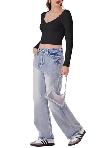 REORIA Women's V Neck Long Sleeve Slim Fitted Crop Tops Soft Layering Basic Shirt 2024 Fall Going Out Top3