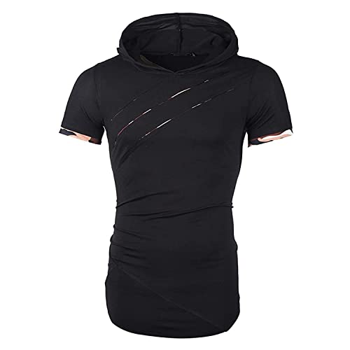 Maiyifu-GJ Men's Casual Hoodie Scratch Camouflage Colorblock Short Sleeve Pullover Summer Personalized Drawstring Top Blouse (Black,Large)