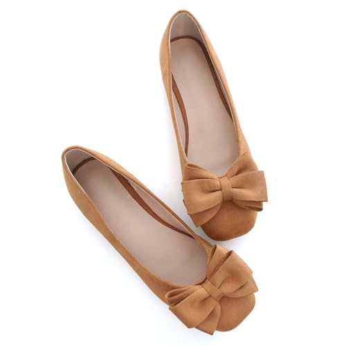 Hee grand Bow-Knot Ballet Flats Womens Square Toe Flat Shoes Suede Dress Shoes Casual Light Weight Slip-On Loafers