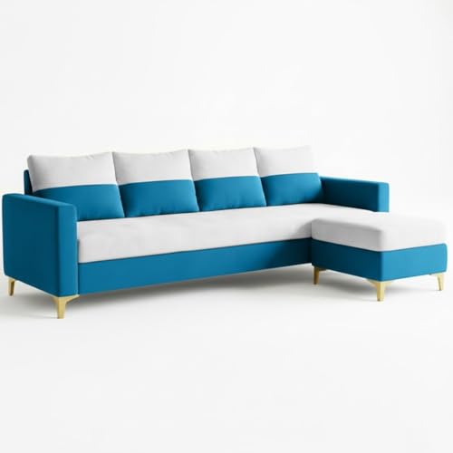 Image of FURNY Canvora 5 Seater L Shape Sofa Set with Movable Ottoman | Flexible Left or Right Layout | Plush Velvet Fabric (Light Grey-Aqua Blue) | Perfect for Living Room, Guest Room & Office
