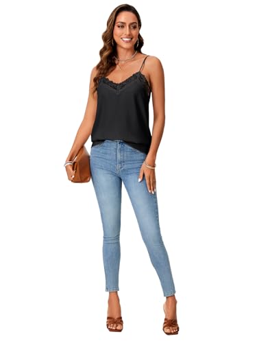 Image of Vrtige Women's Satin Tank Summer Top Adjustable Spaghetti Lace Trim V Neck Strap Camisole
