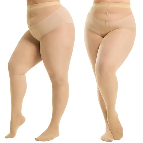 Image of 2 Pairs Plus Size Tights for Women, 40D Semi Sheer T-Crotch Pantyhose High Waist Stockings with Reinforced Toe