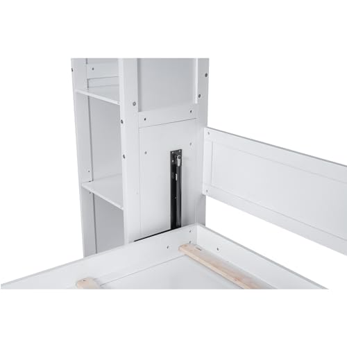 Brabrety Queen Size Murphy Bed Wall Bed with Shelves and LED Lights,Wood Wall Bed can be Folded into a Cabinet,Modern Foldable Frame for Multipurpose Guest Room or Home Office (White@095)