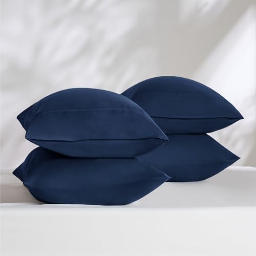 Bedsure Queen Pillow Cases Set of 4 - Navy Brushed Microfiber Pillowcases 4 Pack, Super Soft Pillowcase, Pillow Case Covers with Envelope Closure, Wrinkle, Fade and Stain Resistant, 20x30 Inches