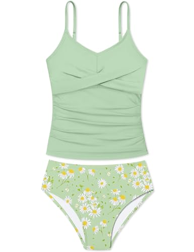 Image of Girls Swimsuit 2 Piece Bathing Suit Criss Cross Ruched Girl Tankini Sets Printed Girls' Swimwear for 9-18 Years