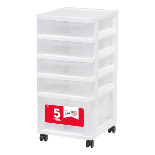Image of IRIS USA 5-Drawer Rolling Storage Cart with Organizer Top, White /Clear | Keep classroom supplies, teacher essentials, craft materials, and learning tools organized with easy-access drawers.