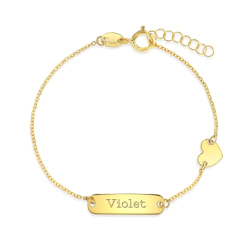 14k Yellow Gold Heart Charm Engravable Tag Identification Bracelet For Toddlers and Little Girls - Sweet Heart Charm Bracelet For Baby Girls - Customized Tag ID Bracelets For Girls