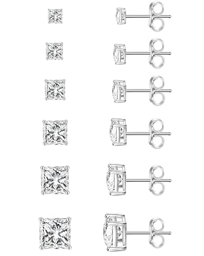 ONESING 6 Pairs Silver Square Stud Earrings for Women 14K Gold Plated Stud Hypoallergenic Cubic...