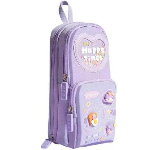 Image of PRANIJ Cute Aesthetic Large Capacity 6 Layer with 3 Compartment Pencil Case Pouch with Zipper Portable Stationery Organizer for School College Boys Girls Women Men (Purple - Happy Times)