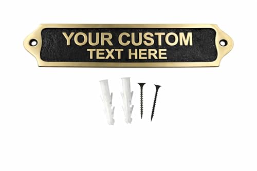 CUSTOMIZABLE Personalized Metal Door & Wall Sign | Custom Name Plate with Screws for Home Office Bathroom WC Laundry | 21.5 x 4.5 cm | CUSTOMIZABLE BRASS WITH BLACK PLAQUE
