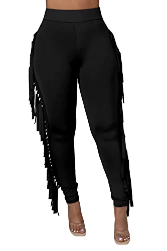 Choichic Women's Casual High Waist Fringed Pants With Elastic Waist - Bodycon Tassels Side Long Jogger Sweatpant