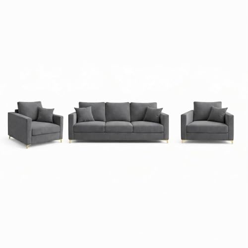 Image of Hayes Rich Velvet Suede 3+1+1 Seater Sofa Set | Golden Aesthetic Legs | Soft Touch Comfort Seating | 5 Person Seating | Modern Living Room Set (Dark Grey)