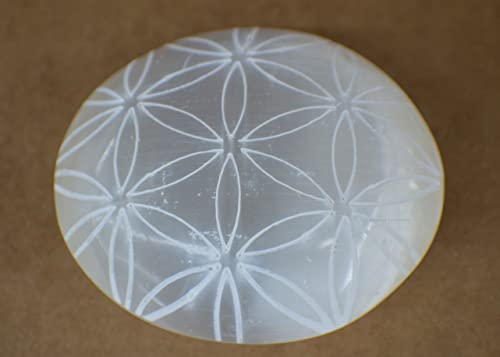 Image of Amazing Gemstone Selenite Palm Stone - Flower of Life Engraved Hot Massage Worry Stone for Natural Body Chakra Balancing, Reiki Healing and Crystal Grid