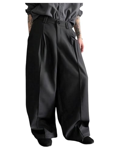 Men's Baggy Pants Wide Leg Pleated Dress Pants Zipper Fly Suit Trousers Casual Business Loose Trousers with Pocket